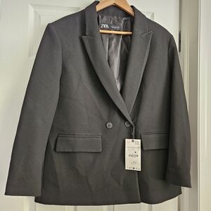 NWT Zara Black Double Breasted Blazer‎ Size L Made in Morocco New